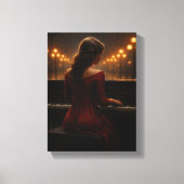 Vrouw speelt piano in Rainy Night Street Scene Canvas Afdruk (Voorkant)
