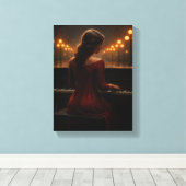 Vrouw speelt piano in Rainy Night Street Scene Canvas Afdruk (Insitu (Houten vloer))