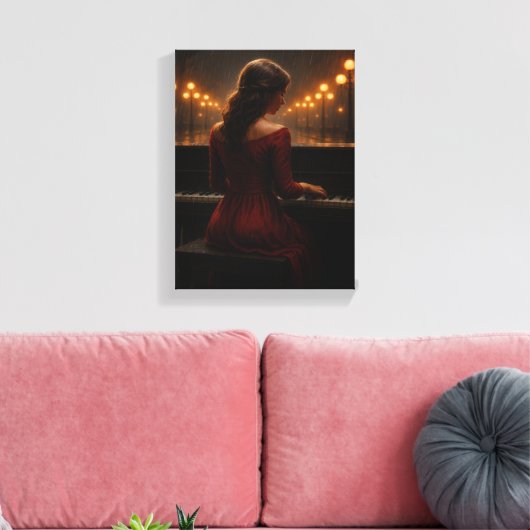 Vrouw speelt piano in Rainy Night Street Scene Canvas Afdruk (Insitu (Woonkamer))