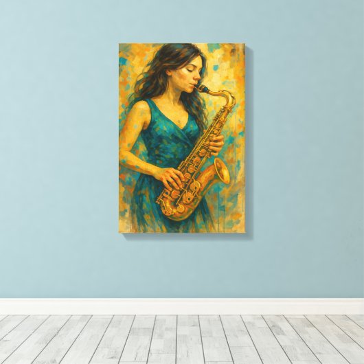 Vrouw speelt saxofoon in kleurrijke Abstracte stij Canvas Afdruk (Insitu (Houten vloer))