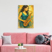 Vrouw speelt saxofoon in kleurrijke Abstracte stij Canvas Afdruk (Insitu (Woonkamer))