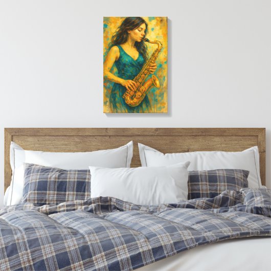 Vrouw speelt saxofoon in kleurrijke Abstracte stij Canvas Afdruk (Insitu (Slaapkamer))