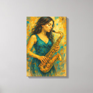 Vrouw speelt saxofoon in kleurrijke Abstracte stij Canvas Afdruk