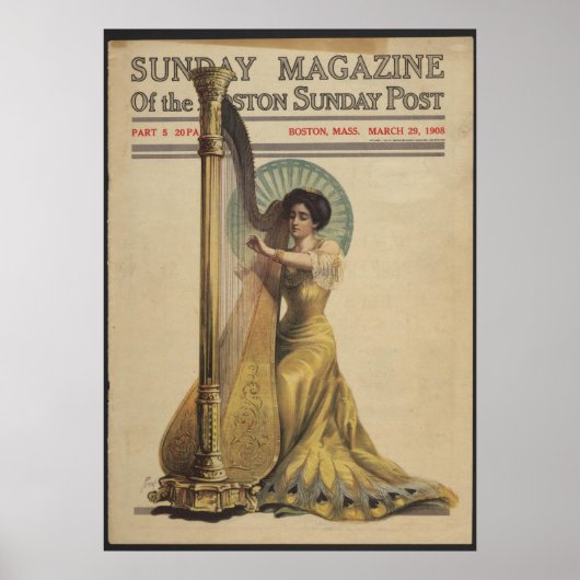 Vrouw, Spelen Harp, Tijdschrift Hoesje 1908 Poster (Voorkant)