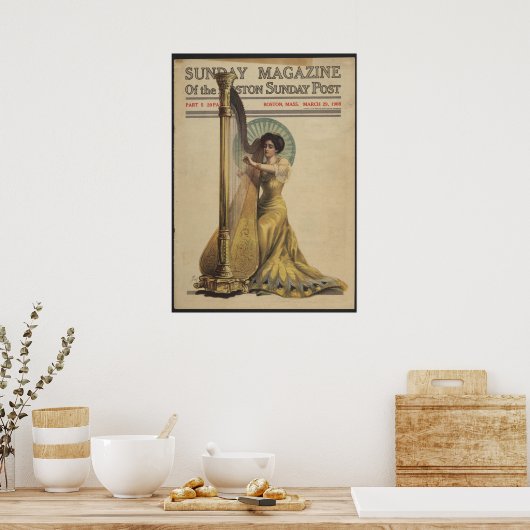 Vrouw, Spelen Harp, Tijdschrift Hoesje 1908 Poster (Keuken)