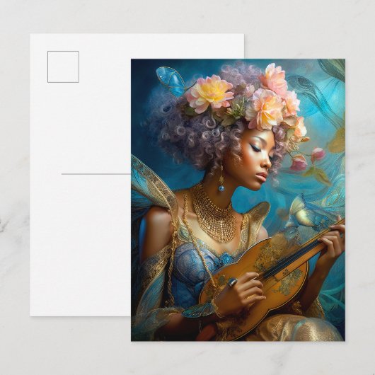 Vrouw Spelen Lute Afro-Amerikaanse Fantasy Art Briefkaart (Voorkant / Achterkant)
