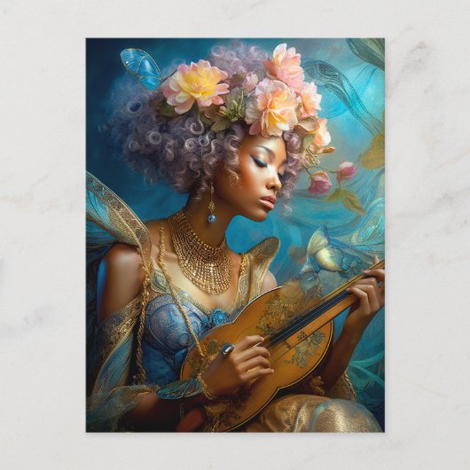 Vrouw Spelen Lute Afro-Amerikaanse Fantasy Art Briefkaart (Voorkant)