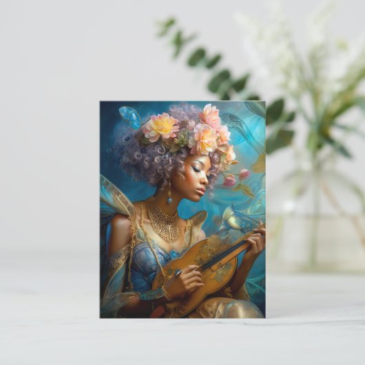 Vrouw Spelen Lute Afro-Amerikaanse Fantasy Art Briefkaart (Staand voorkant)
