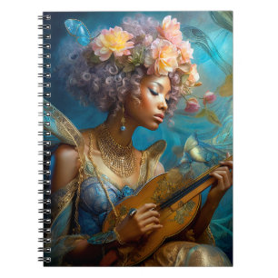 Vrouw Spelen Lute Afro-Amerikaanse Fantasy Art Notitieboek