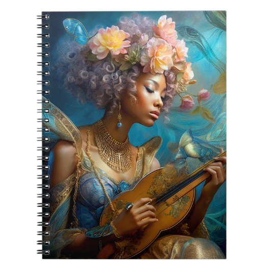 Vrouw Spelen Lute Afro-Amerikaanse Fantasy Art Notitieboek (Voorkant)