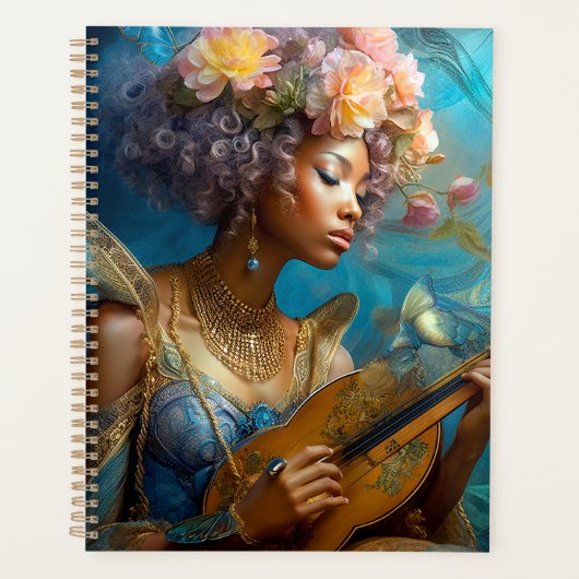 Vrouw Spelen Lute Afro-Amerikaanse Fantasy Art Planner (Voorkant)