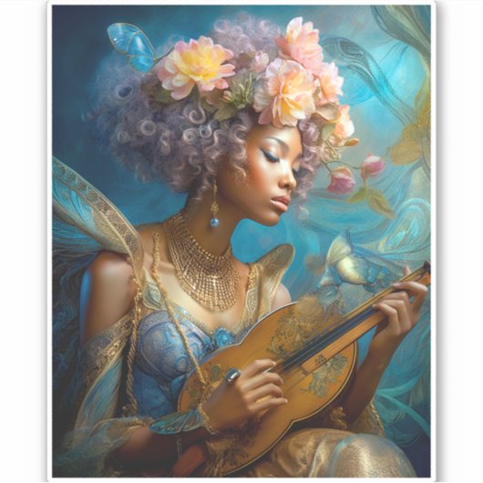 Vrouw Spelen Lute Afro-Amerikaanse Fantasy Art Sticker (Voorkant)