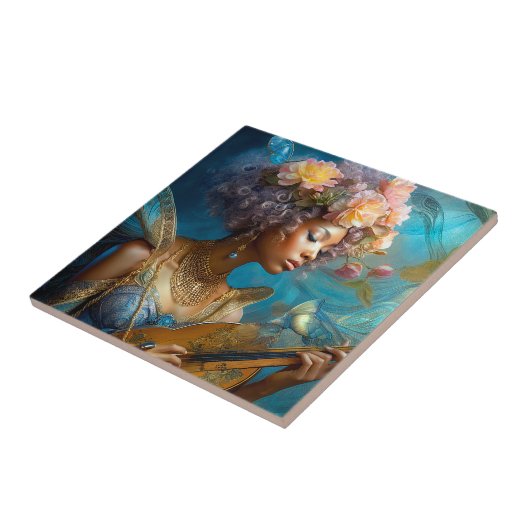 Vrouw Spelen Lute Afro-Amerikaanse Fantasy Art Tegeltje (Zijkant)