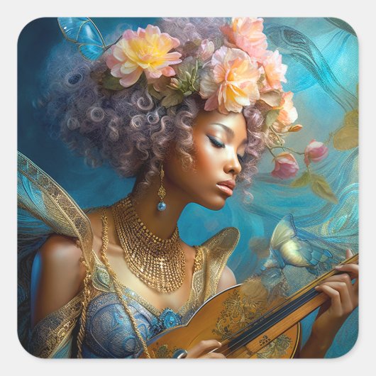 Vrouw Spelen Lute Afro-Amerikaanse Fantasy Art Vierkante Sticker (Voorkant)