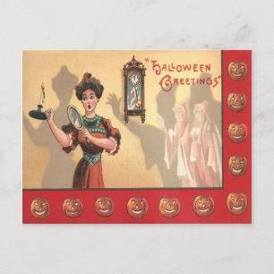 Vrouw Spiegel Kaars Klok Geest Jack O Lantern Briefkaart