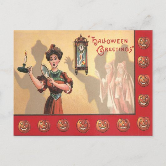 Vrouw Spiegel Kaars Klok Geest Jack O Lantern Briefkaart (Voorkant)