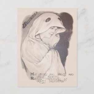 Vrouw spook kostuum blad sepia briefkaart