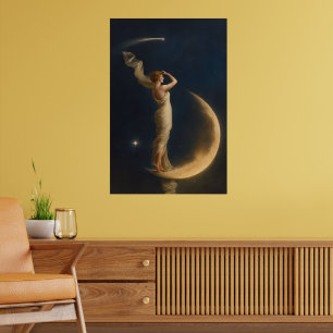 Vrouw staand op een wassende maan poster