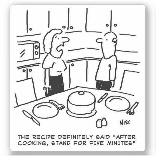 Vrouw staat na het koken. grappig sticker (Voorkant)