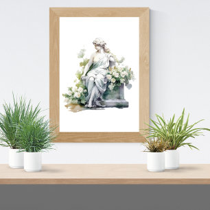 Vrouw Standbeeld in Tuin Aquarel Witte Bloemen Poster