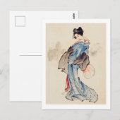 Vrouw Stands met een Ventilator, Hokusai Briefkaart (Voorkant / Achterkant)