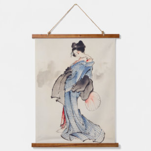 Vrouw Stands met een Ventilator, Hokusai Hangend Wandkleed