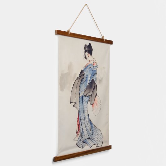 Vrouw Stands met een Ventilator, Hokusai Hangend Wandkleed (Gebogen)