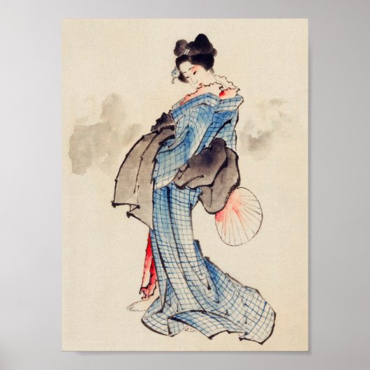 Vrouw Stands met een Ventilator, Hokusai Poster (Voorkant)