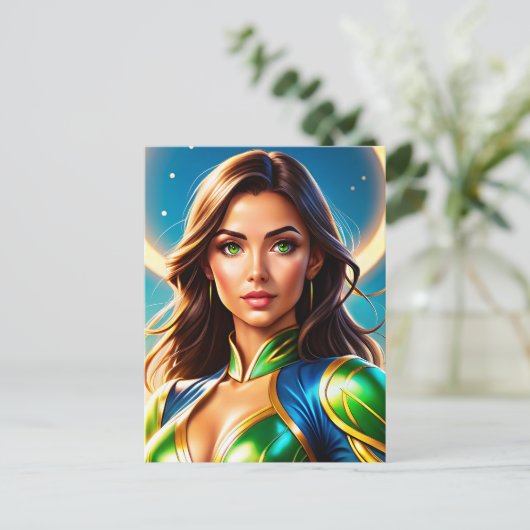 Vrouw superheldenportret in smaragdgroene wapenuit briefkaart (Staand voorkant)