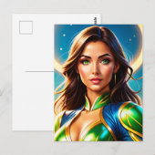 Vrouw superheldenportret in smaragdgroene wapenuit briefkaart (Voorkant / Achterkant)