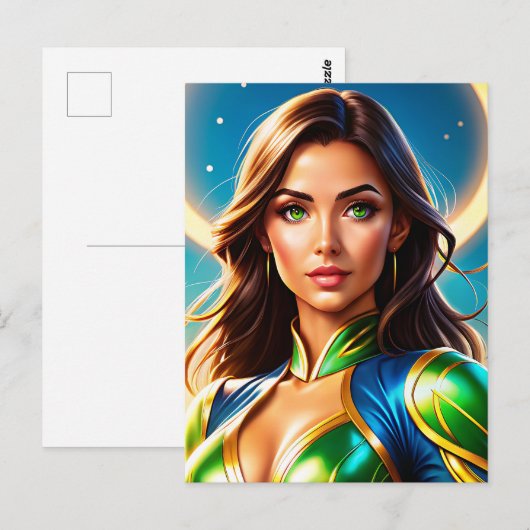 Vrouw superheldenportret in smaragdgroene wapenuit briefkaart (Voorkant / Achterkant)