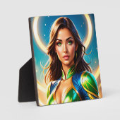 Vrouw superheldenportret in smaragdgroene wapenuit fotoplaat (Voorkant)