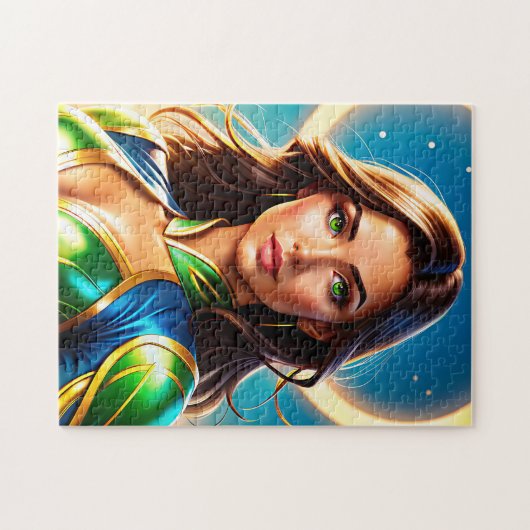 Vrouw superheldenportret in smaragdgroene wapenuit legpuzzel (Horizontaal)