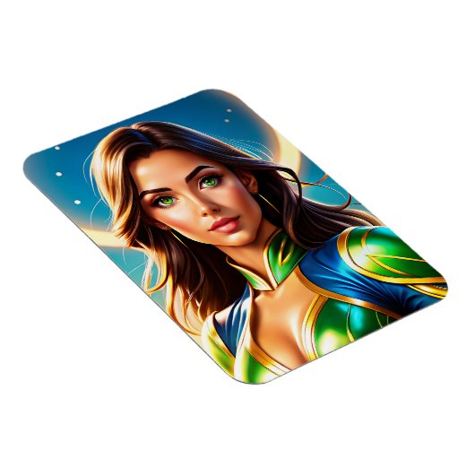 Vrouw superheldenportret in smaragdgroene wapenuit magneet (Rechterzijde)