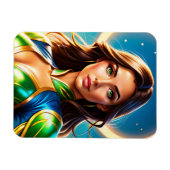 Vrouw superheldenportret in smaragdgroene wapenuit magneet (Horizontaal)