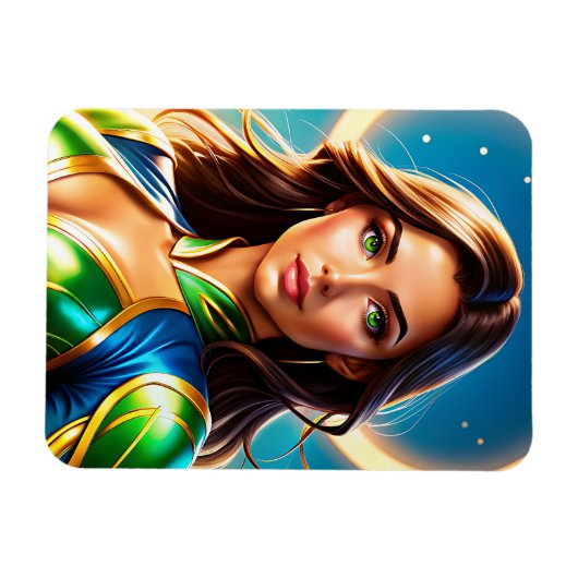 Vrouw superheldenportret in smaragdgroene wapenuit magneet (Horizontaal)