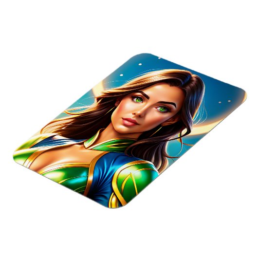 Vrouw superheldenportret in smaragdgroene wapenuit magneet (Linkerzijde)