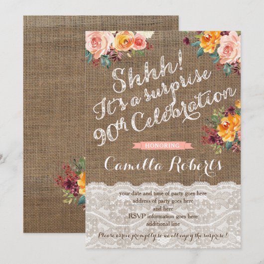 Vrouw Surprise Birthday Party nodigt Kaarten uit, (Voorkant / Achterkant)