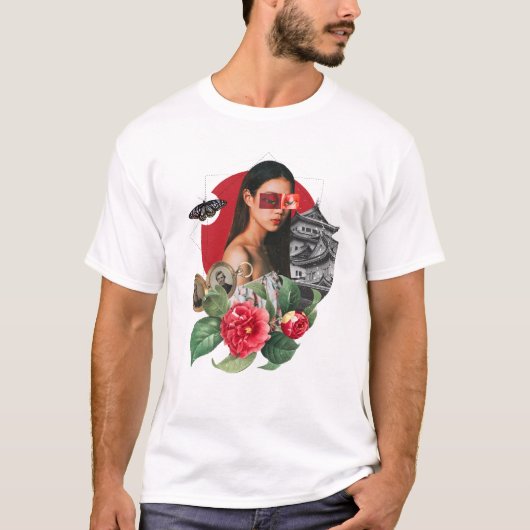 Vrouw, Tempel, Bloemen Collage T-shirt (Voorkant)