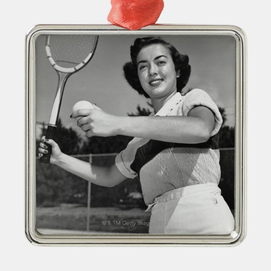 Vrouw Tennis 3 Metalen Ornament (Voorkant)