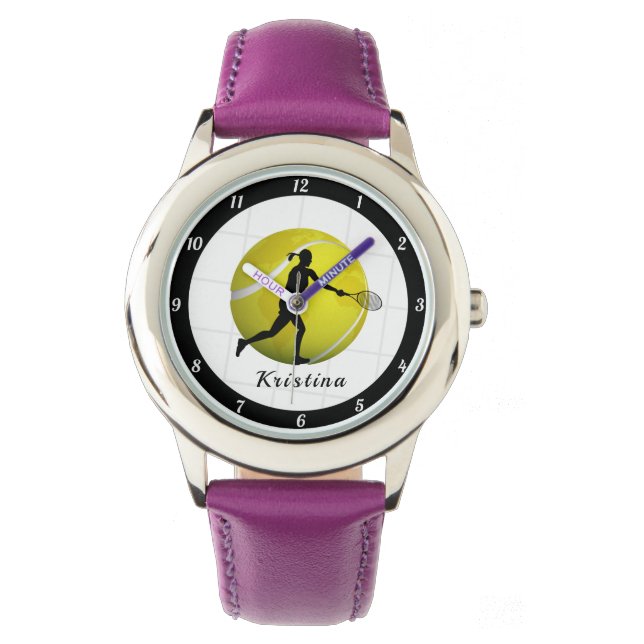 Vrouw Tennisser Silhouet Meisjes Naam Bal Horloge (Voorkant)