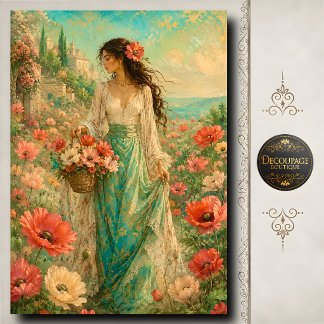Vrouw Turquoise Jurk Klaproos Bloemstuk Decoupage Tissuepapier