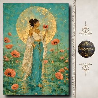 Vrouw Turquoise Jurk Roze Klaprozen Gouden Maan Tissuepapier