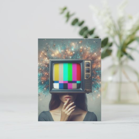  vrouw tv blaast haar geest briefkaart (Staand voorkant)