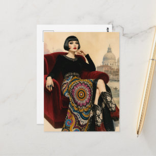 Vrouw uit de jaren 20 zit in een rode stoel briefkaart