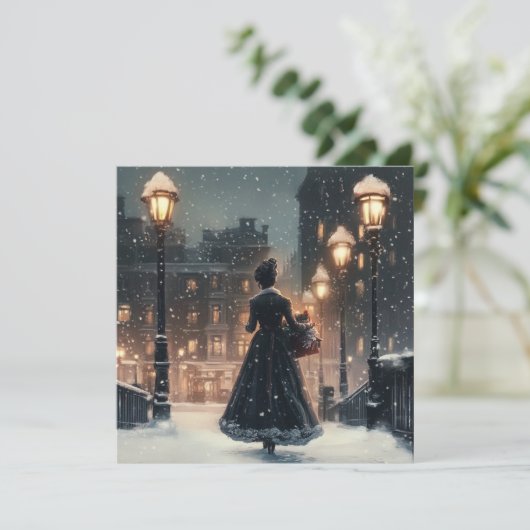 Vrouw uit het victoriaanse tijdperk in de sneeuw  kaart (Staand voorkant)