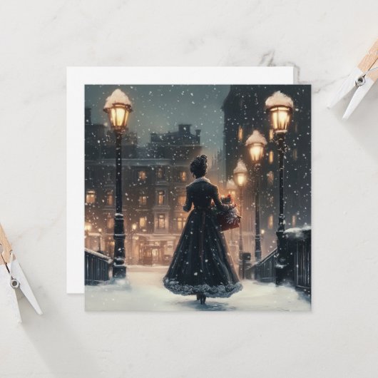 Vrouw uit het victoriaanse tijdperk in de sneeuw  kaart (Voorkant / Achterkant in situ)