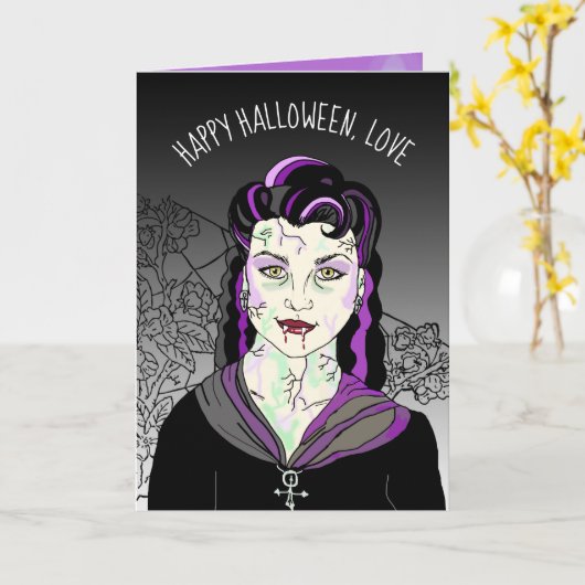 Vrouw Vampier, Romantische Halloween Trick or trea Kaart (Gele Bloem)