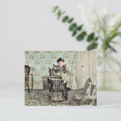 Vrouw van 1890 bij naaimachine Foto geblindeerd Feestdagenkaart (Staand voorkant)