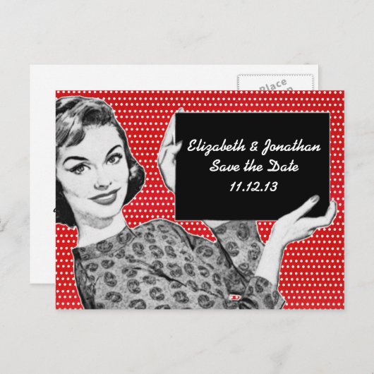 Vrouw van 1950 met een Teken sparen de Datum Aankondigingskaart (Voorkant / Achterkant)